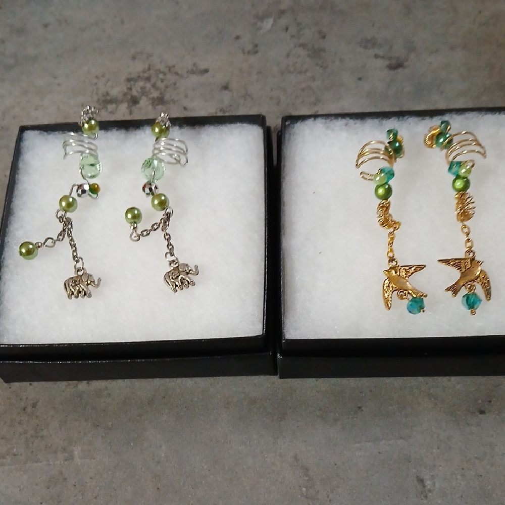2 Sets Hand-Crafted Vintage Ear Cuffs With Green Accents